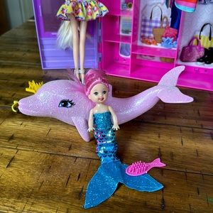 Barbie Bundle :Closet ,Mermaid Barbie and Mermaid Child ,Pink Dolphin